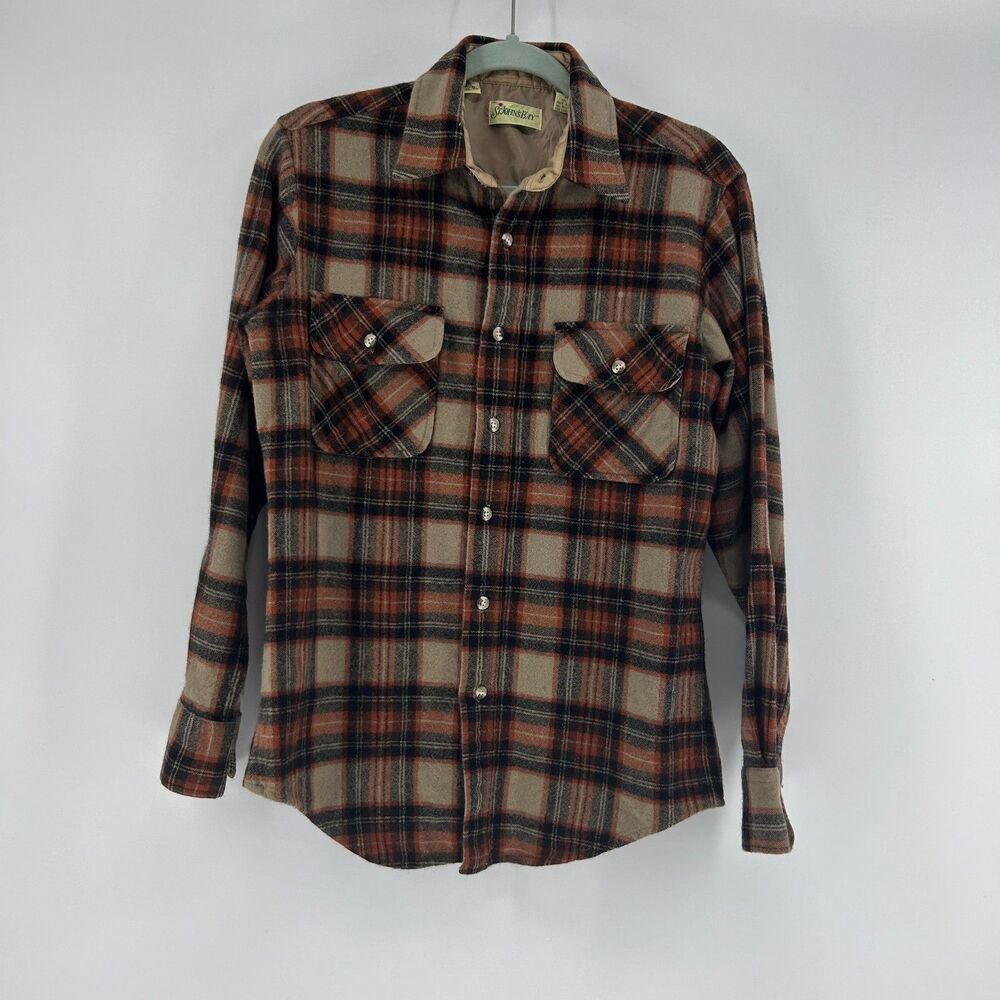 Vintage St John's Bay 100% Wool Plaid Button Down Shirt Men's M Orange Tan Top
